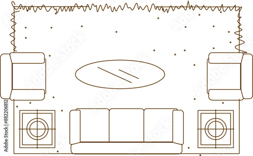Vector silhouette illustration sketch of detailed drawing of living room interior design with sofa and table