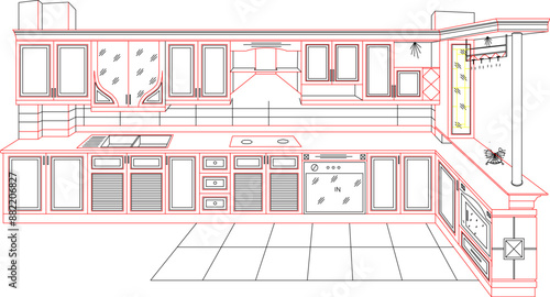 Vector silhouette illustration sketch of interior design detail Traditional kitchen cupboard, kitchen cabinets