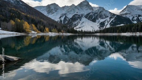 A tranquil, picturesque mountain lake reflecting snowy peaks with autumn trees, perfect for nature, travel, and outdoor adventure concepts