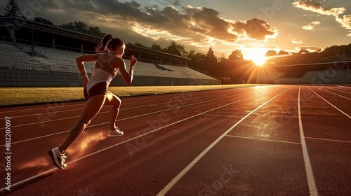 Female sprinter running on track at sunset, capturing the intensity and determination of athletic performance against a vibrant and dramatic sky.