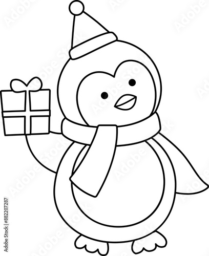 Cute Christmas penguin outline vector.
Christmas penguin coloring drawing image.