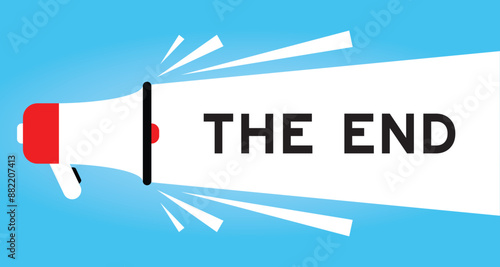 Color megaphone icon with word the end in white banner on blue background