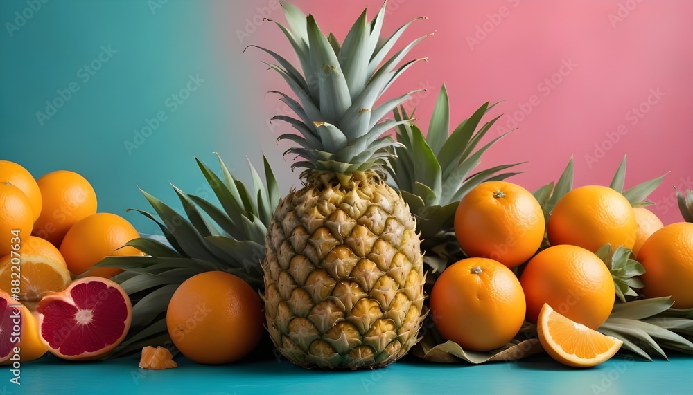 A colorful still life arrangement featuring a pineapple and some other fruits A colorful still life arrangement featuring a pineapple and some other fruits