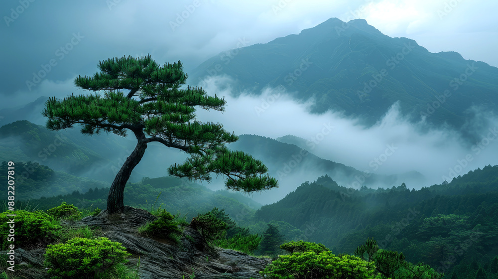 Obraz premium landscape mountain of forest tree pine with foggy