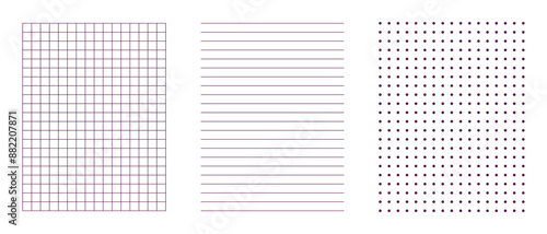 Set of three elements of graphic vertical ornament: square fine grid, horizontal stripe, symmetrical uniform dots. Simple vector illustration in outline in black on white background.
