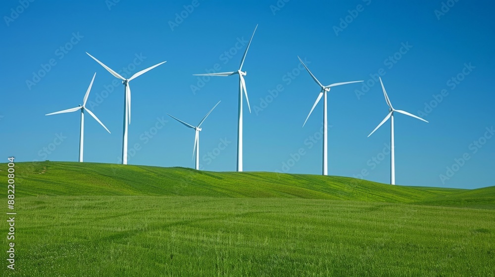 Several wind turbines on a green field under a clear blue sky. Several wind turbines on a green field under a clear blue sky.