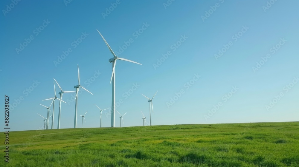 Several wind turbines on a green field under a clear blue sky. Several wind turbines on a green field under a clear blue sky.