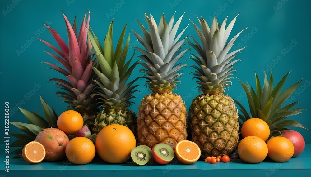 A colorful still life arrangement featuring a pineapple and some other fruits A colorful still life arrangement featuring a pineapple and some other fruits