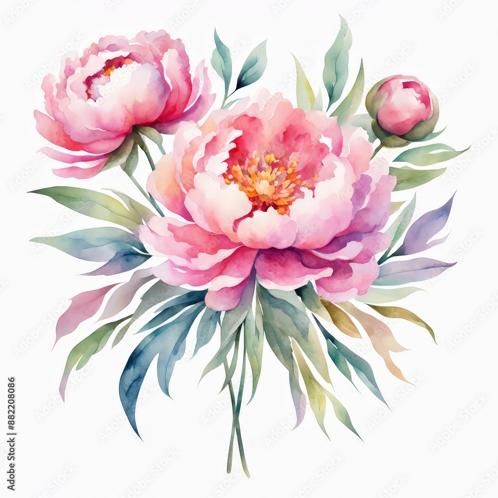 Watercolor Pink Peony Bouquet. Watercolor Pink Peony Bouquet.