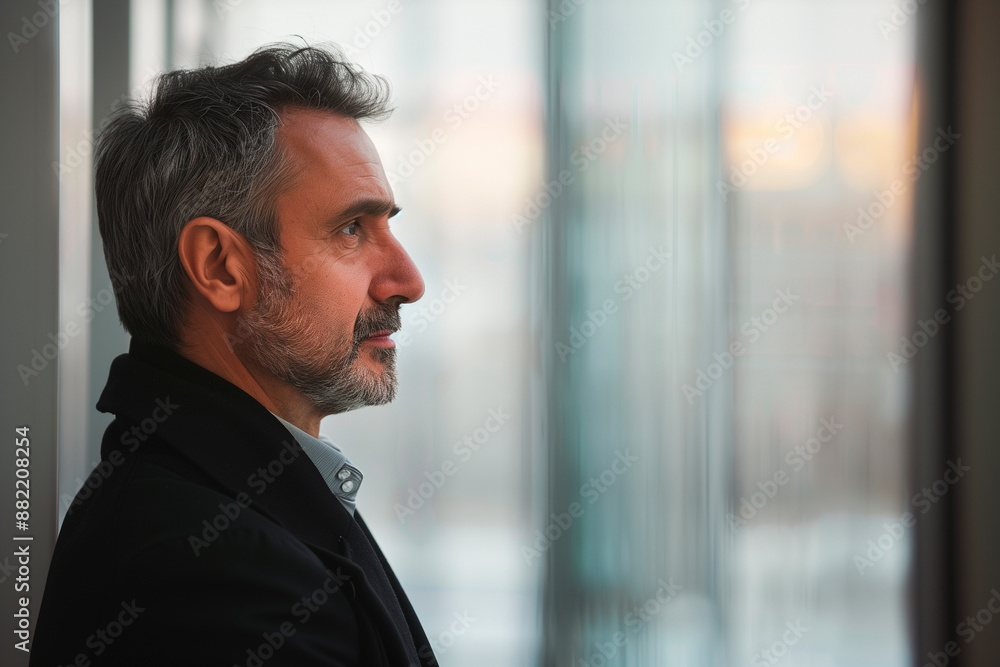 Side profile portrait of a businessman, 50 years old, office background with copyspace Side profile portrait of a businessman, 50 years old, office background with copyspace
