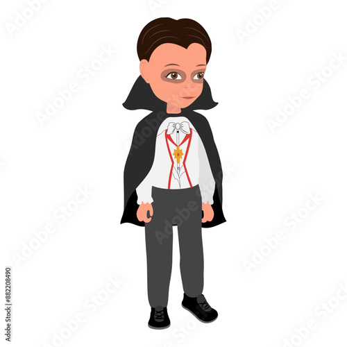 Flat Vector Illustration of Kid Boy Wearing a Dracula Halloween Costume, Cartoon Character Set For Animation, Various Views, Poses and Gestures. Item 4