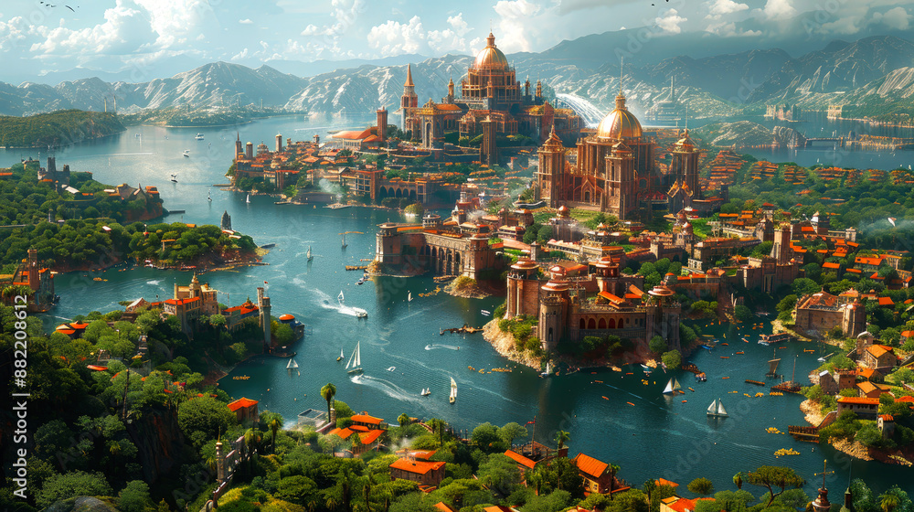 Fototapeta premium 3D rendering of cities from medieval with lake