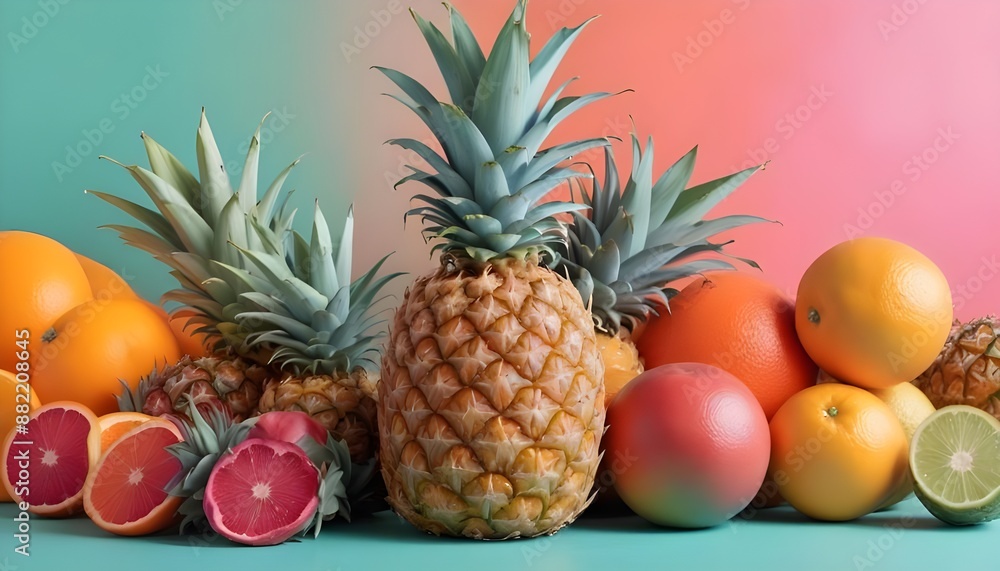 A colorful still life arrangement featuring a pineapple and some other fruits A colorful still life arrangement featuring a pineapple and some other fruits
