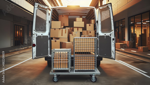 A white van is parked with the back doors open, revealing an array of cardboard boxes inside. A metal cart stands nearby, ready to be loaded or unloaded.