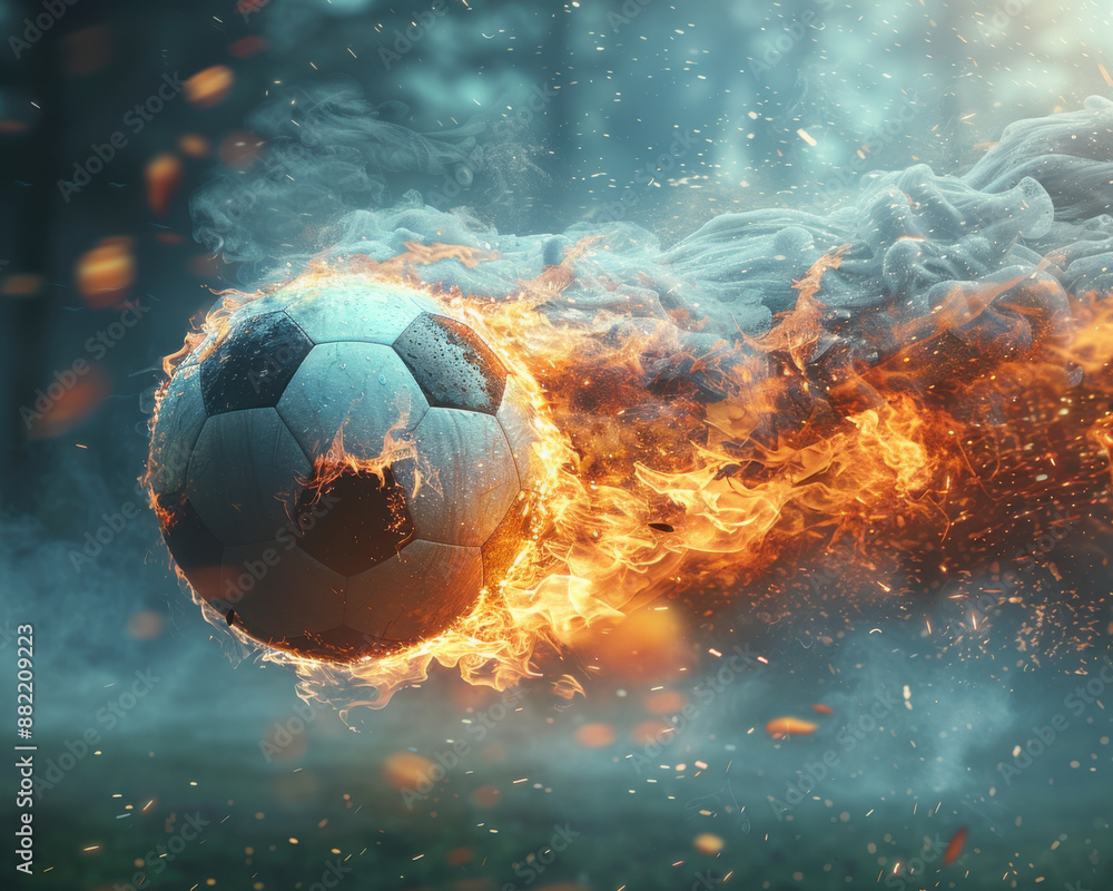 Fototapeta premium Professional illustration of a soccer ball infused in Fire and Water elements