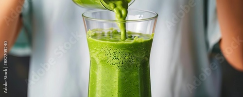 Person blending a green smoothie, post-cardio refreshment, nutrient-rich intake photo