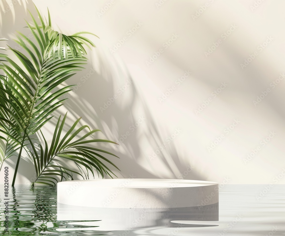a minimalistic, modern podium with water and palm leaves against an empty white wall, summer beach concept mockup for product presentation a minimalistic, modern podium with water and palm leaves against an empty white wall, summer beach concept mockup for product presentation