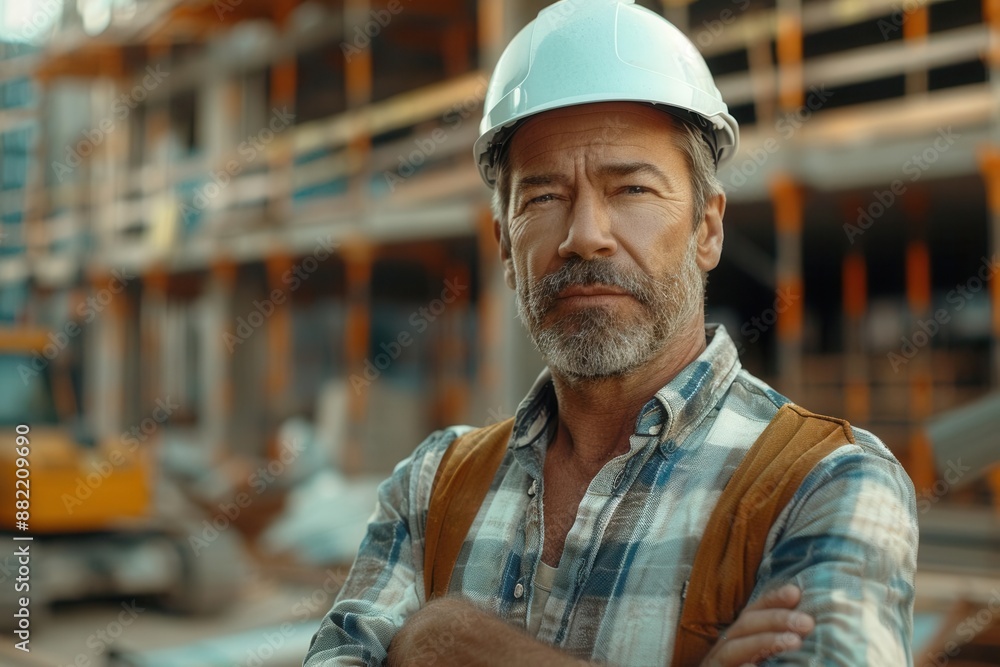 Experienced foreman with crossed arms, hard hat on, standing in front of a construction site, medium shot, dynamic lighting, busy background, realistic detail Experienced foreman with crossed arms, hard hat on, standing in front of a construction site, medium shot, dynamic lighting, busy background, realistic detail