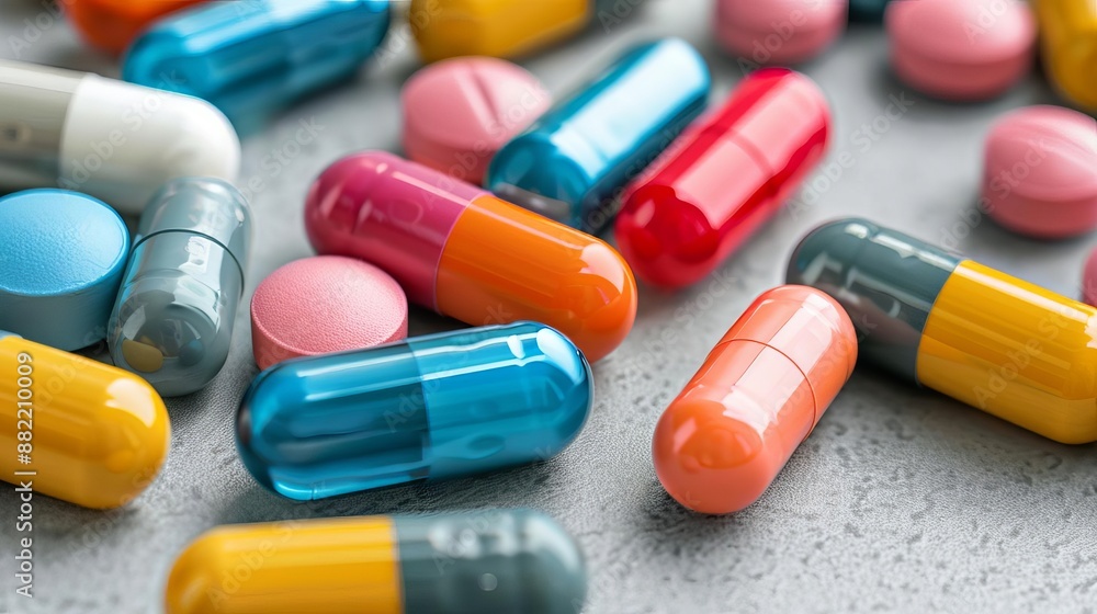 Variety of colorful vitamin capsules on a table, daily intake routine, diverse benefits Variety of colorful vitamin capsules on a table, daily intake routine, diverse benefits