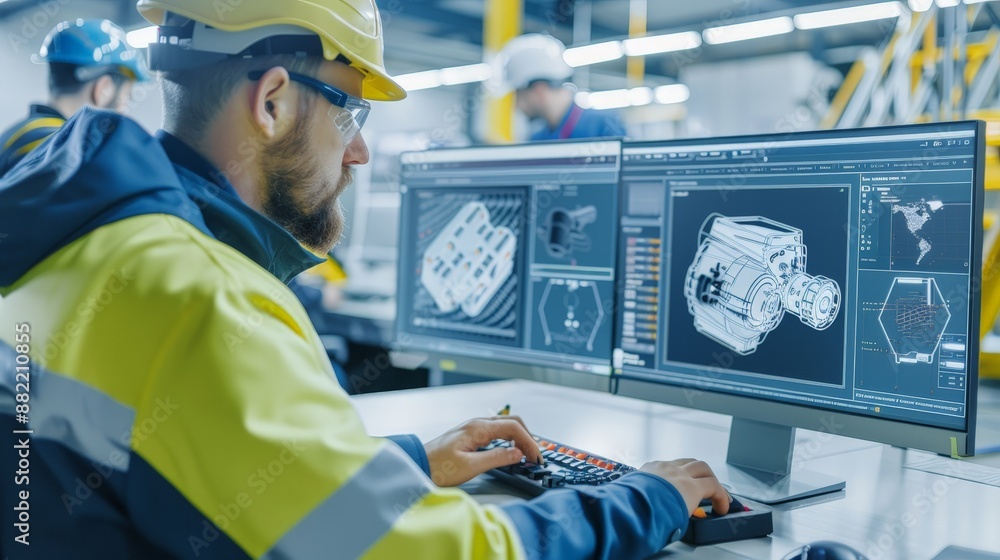 Professional Engineer Using Computer-Aided Software for Product Design, Selective Focus with Deep Depth of Field Professional Engineer Using Computer-Aided Software for Product Design, Selective Focus with Deep Depth of Field