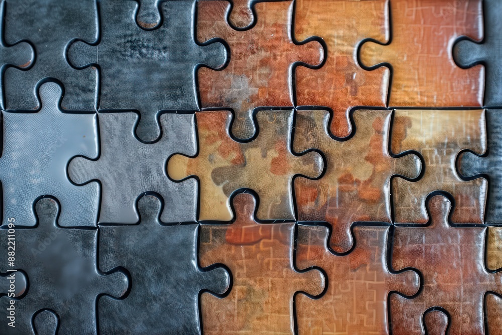 A close-up of a partially completed jigsaw puzzle, revealing a textured, colorful image beneath. A close-up of a partially completed jigsaw puzzle, revealing a textured, colorful image beneath.