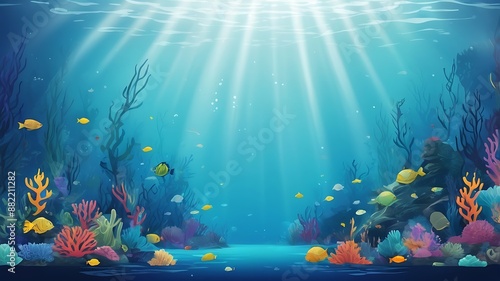 Underwater scene with coral reef and fishes. Vector illustration in cartoon style photo