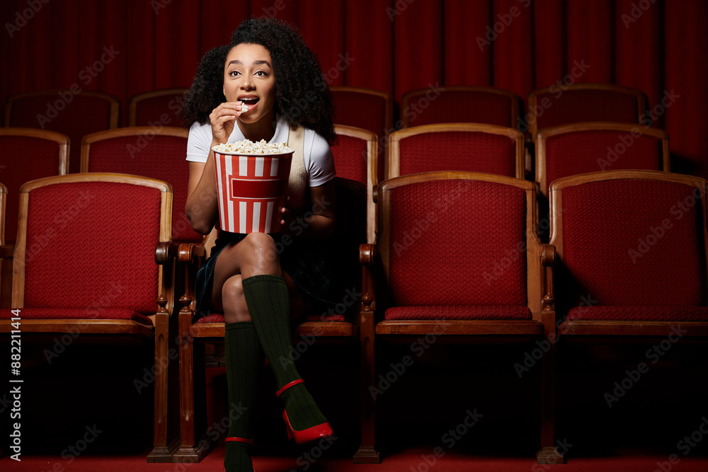 A young woman, wearing stylish casual clothes, watches a movie in a cinema and reacts to the screen while enjoying a snack. A young woman, wearing stylish casual clothes, watches a movie in a cinema and reacts to the screen while enjoying a snack.