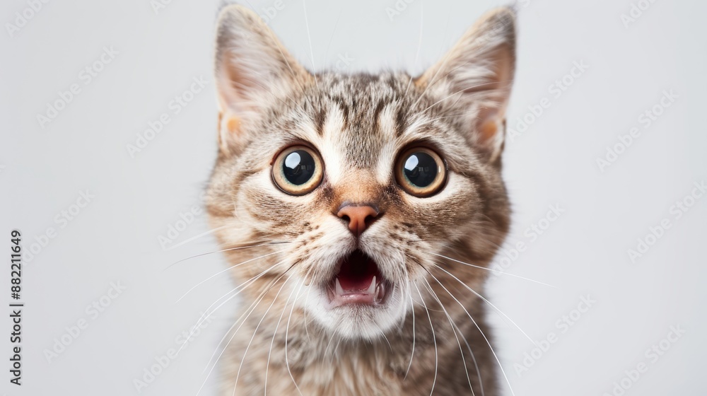 Obraz premium Close-up of a surprised tabby kitten with wide eyes and open mouth against a plain white background.