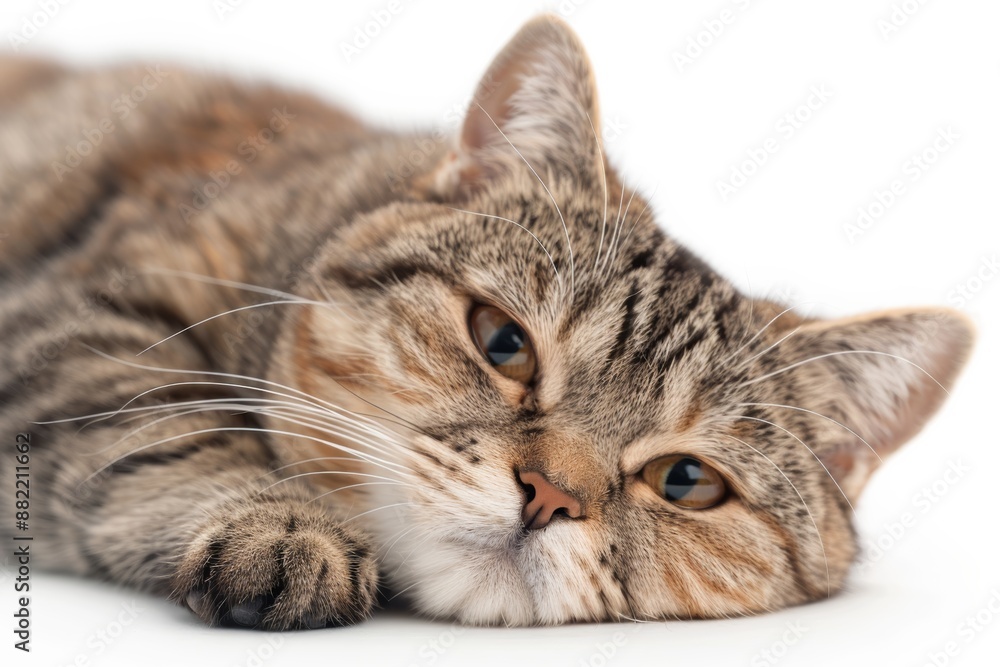 Fototapeta premium Close-up of a tabby cat lying down on a white background with a relaxed and calm expression, showcasing its beautiful fur and expressive eyes.