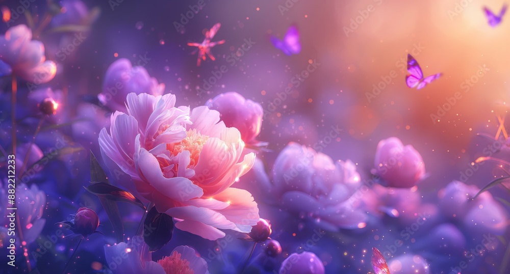 A stunning display of pink peonies and fluttering butterflies against a dreamy sunset background. A stunning display of pink peonies and fluttering butterflies against a dreamy sunset background.