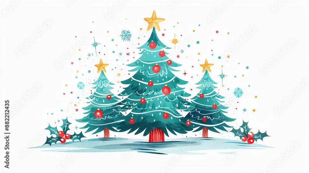 Hand-painted watercolor illustration of three Christmas trees with ornaments, snowflakes, and stars. Hand-painted watercolor illustration of three Christmas trees with ornaments, snowflakes, and stars.