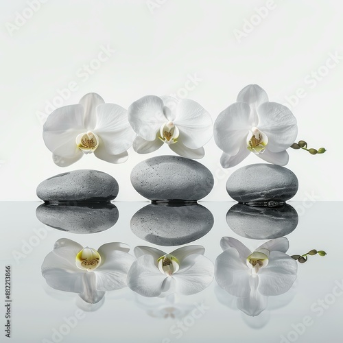 Three white orchids are delicately balanced on top of three gray stones, with their reflections mirroring them perfectly in the water below