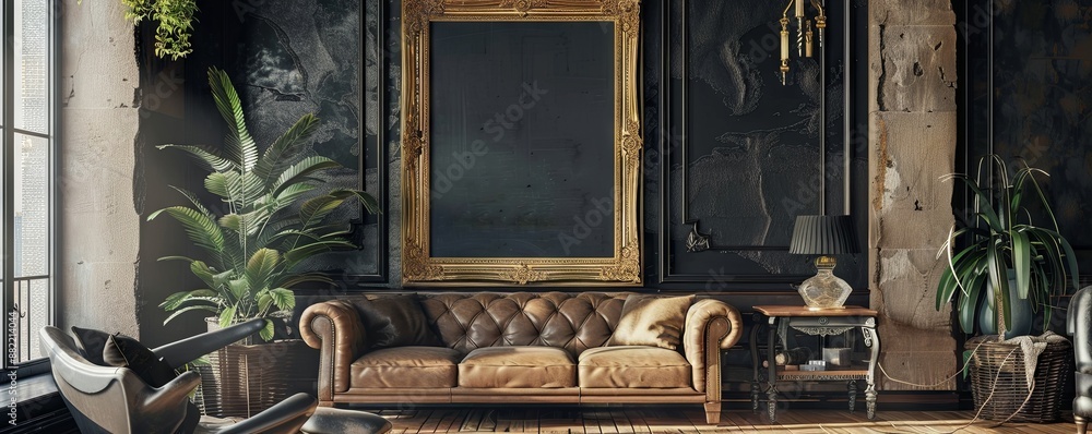 Chic living room with an empty gold-trimmed frame. Chic living room with an empty gold-trimmed frame.