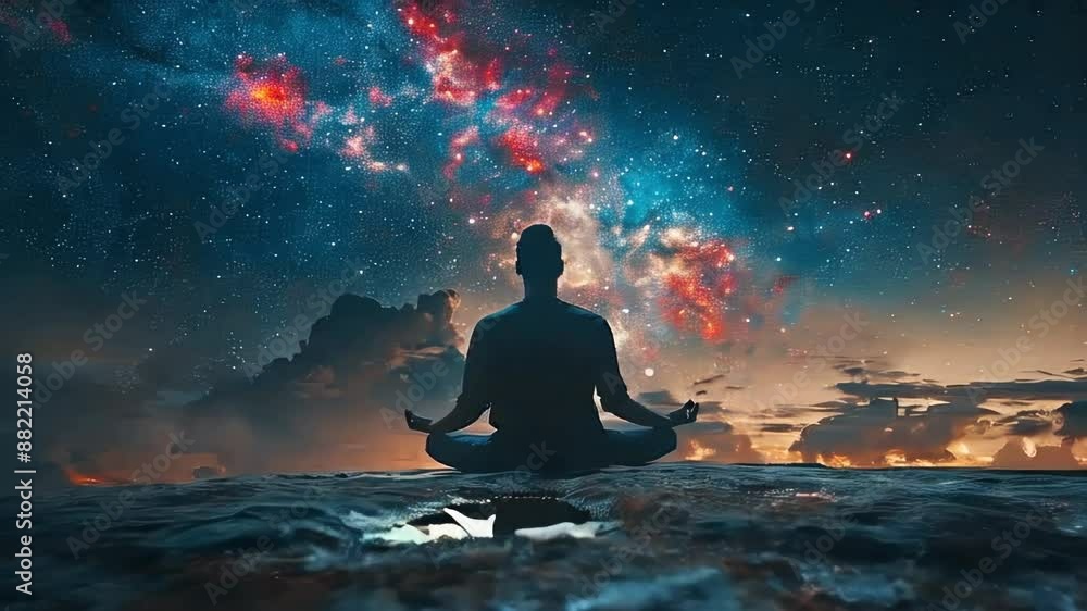 A person meditates on a cliff edge at night under a starry sky A person meditates on a cliff edge at night under a starry sky