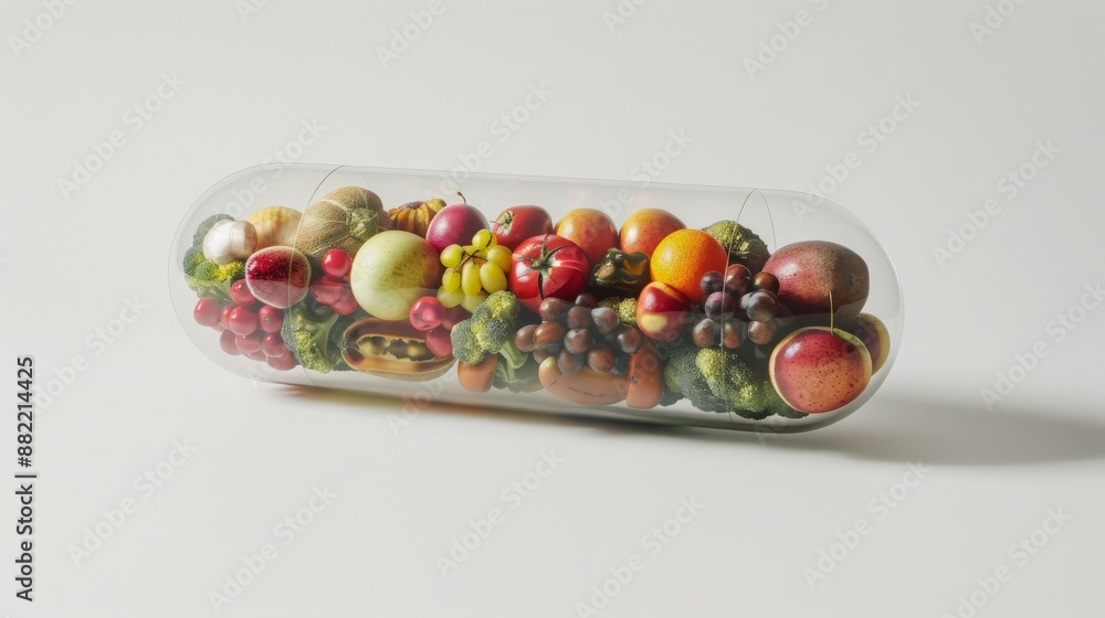 A transparent pill with a lot of healthy and beautiful fruits and vegetables inside it. A transparent pill with a lot of healthy and beautiful fruits and vegetables inside it.