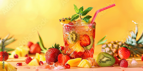 Cocktail fruité avec fraises, kiwi et ananas sur fond orange