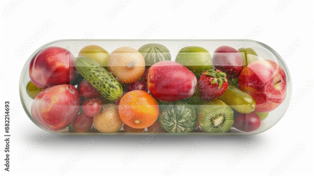 A transparent pill with a lot of healthy and beautiful fruits and vegetables inside it. A transparent pill with a lot of healthy and beautiful fruits and vegetables inside it.
