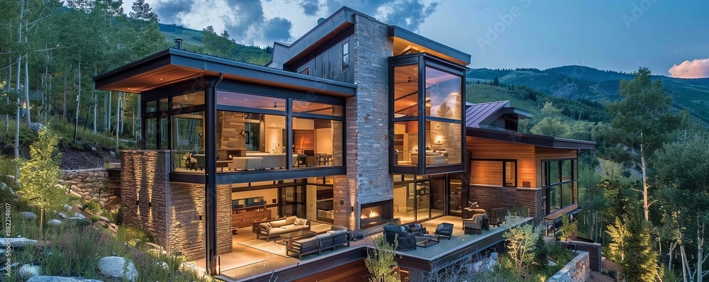 Contemporary mountain retreat with expansive windows framing the view.