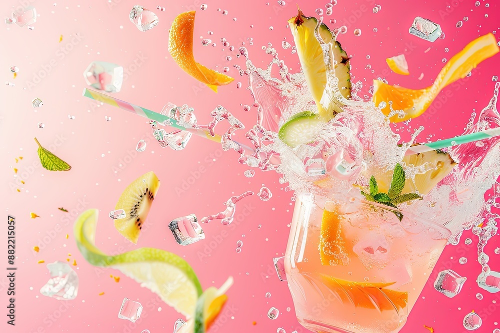 Cocktail éclaboussant avec agrumes, ananas et glaçons sur fond rose Cocktail éclaboussant avec agrumes, ananas et glaçons sur fond rose