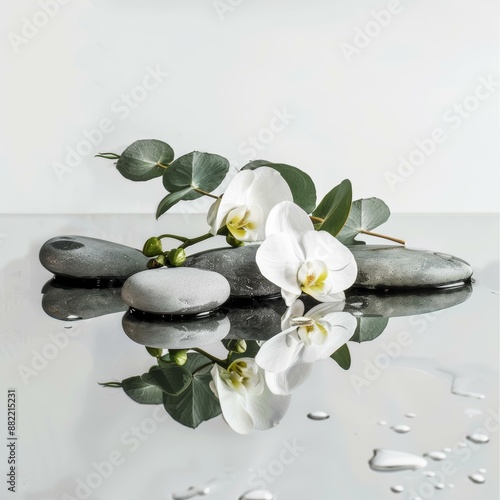 A white orchid with green leaves sits on grey stones floating in a pool of water, with water droplets scattered around