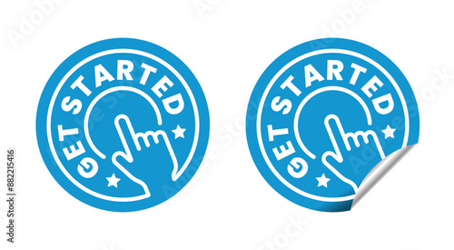 Get started circle sticker with line hand pressing start button. Vector isolated on white background