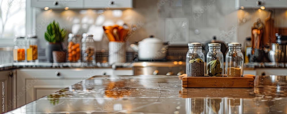 High-end kitchen with an empty marble spice rack. High-end kitchen with an empty marble spice rack.