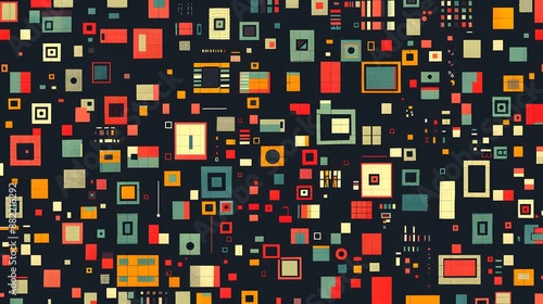 Abstract Pixel Symbols Vector Pattern. Geometric Retro Computer Game Style Texture. Generative Art Tech Vector Illustration. Grid of Pixel Shapes.