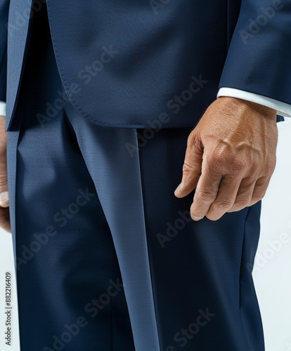 Close-up of a person's hand in a blue suit, emphasizing formal business attire and professional style. photo