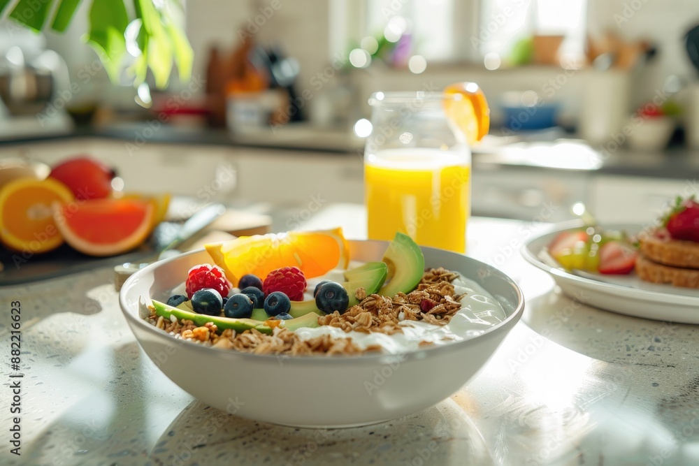 a healthy breakfast spread on a bright kitchen table. The meal includes a bowl of granola with yogurt and berries, a glass of orange juice, and a slice of whole-grain toast a healthy breakfast spread on a bright kitchen table. The meal includes a bowl of granola with yogurt and berries, a glass of orange juice, and a slice of whole-grain toast