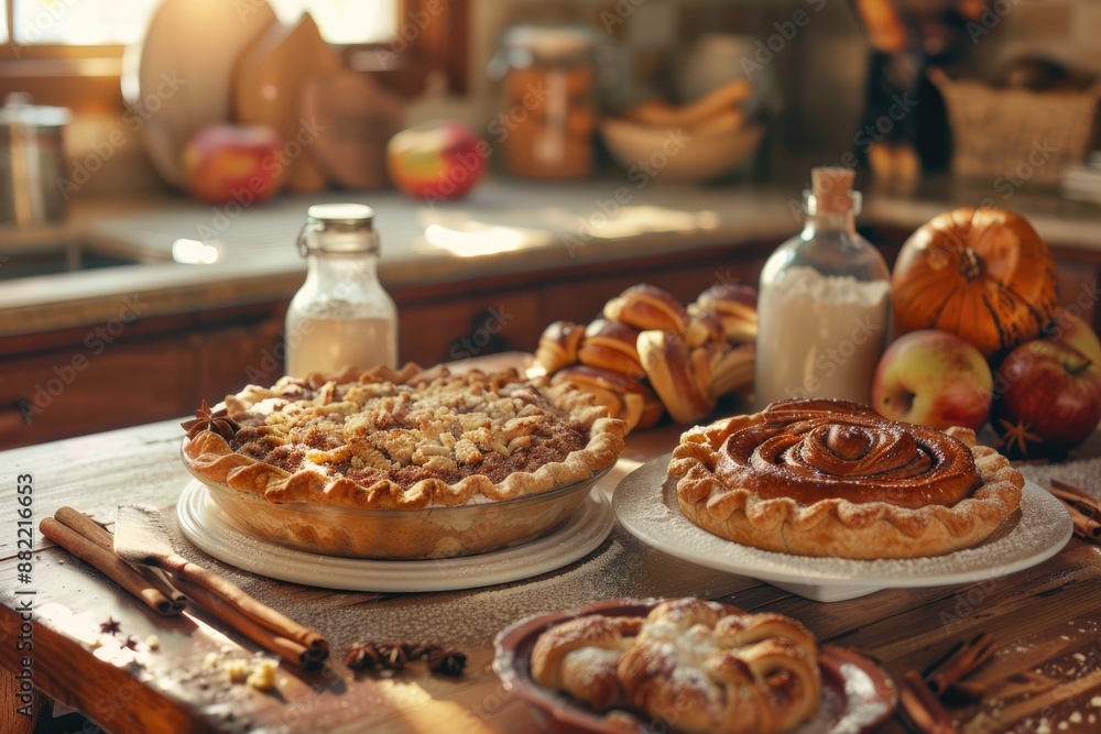 a kitchen scene with fall baking ingredients and finished baked goods. The setup includes a pumpkin pie, cinnamon rolls, and cookies, along with ingredients like flour, cinnamon sticks, and apples. a kitchen scene with fall baking ingredients and finished baked goods. The setup includes a pumpkin pie, cinnamon rolls, and cookies, along with ingredients like flour, cinnamon sticks, and apples.