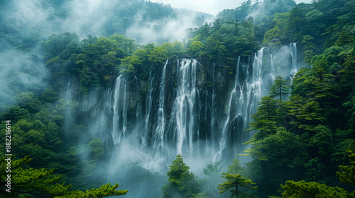 landscape waterfall in green forest with foggy