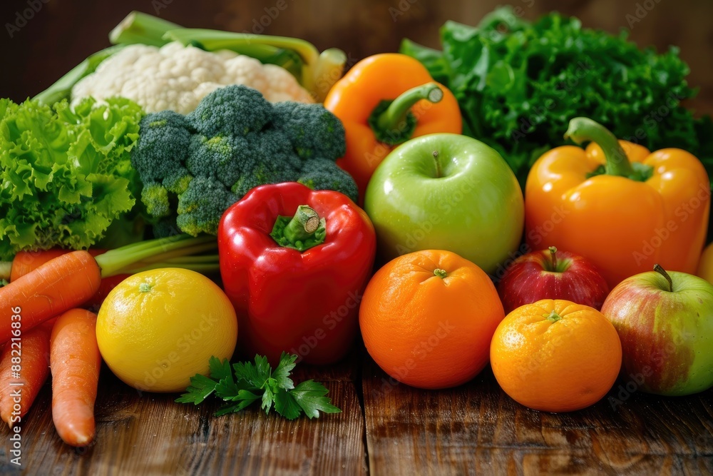 a variety of fresh fruits and vegetables arranged in a bright, colorful display. The produce includes apples, oranges, carrots, bell peppers, and leafy greens, all arranged on a rustic wooden table. a variety of fresh fruits and vegetables arranged in a bright, colorful display. The produce includes apples, oranges, carrots, bell peppers, and leafy greens, all arranged on a rustic wooden table.