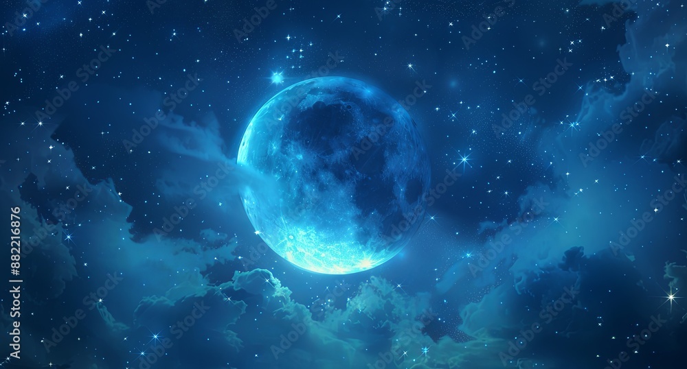 Obraz premium Crescent Moon in Night Sky with Clouds and Twinkling Stars, Illuminated by Blue Light Creating Tranquil and Mysterious Atmosphere