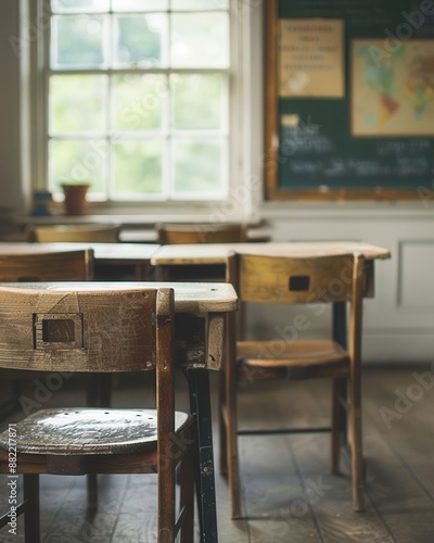 Vintage wooden desks and chairs in an empty classroom, soft daylight, clean and organized, high school setting, backtoschool theme, detailed